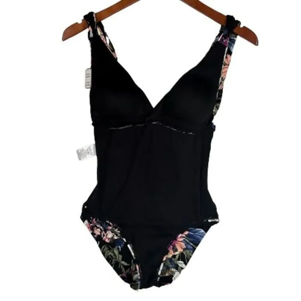 Time and Tru NEW One Piece Swimsuit S Black with Pink Blue Yellow Floral NWT - Picture 4 of 8